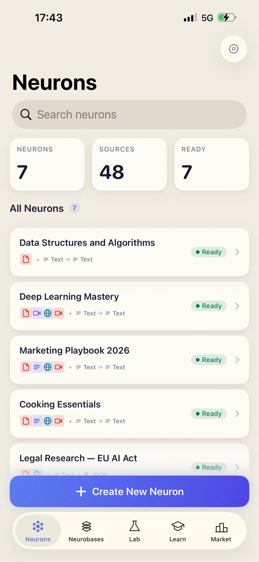 iPhone — Neurons tab listing 7 Neurons across 48 sources with 7 Ready, including Data Structures and Algorithms, Deep Learning Mastery, Marketing Playbook 2026, Cooking Essentials, and Legal Research — EU AI Act, each marked Ready.