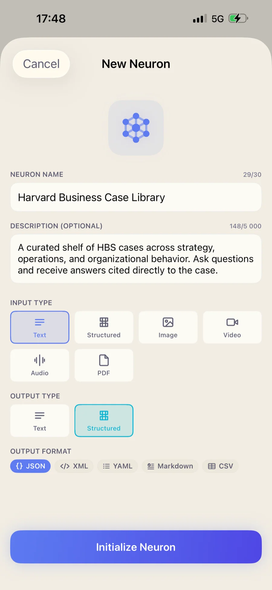 iPhone — New Neuron form with a description, supported source types (PDF, Text File, Video, YouTube, Web Page, Image, Audio), output type, and output format options (JSON, XML, YAML, Markdown, CSV).