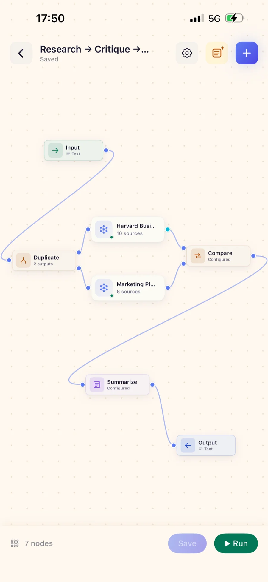Neurobase pipeline editor on iPhone — Research → Critique → Report with seven nodes (Input, Duplicate, Harvard Business, Marketing, Compare, Summarize, Output) wired by curved lavender connections on a cream dotted canvas.