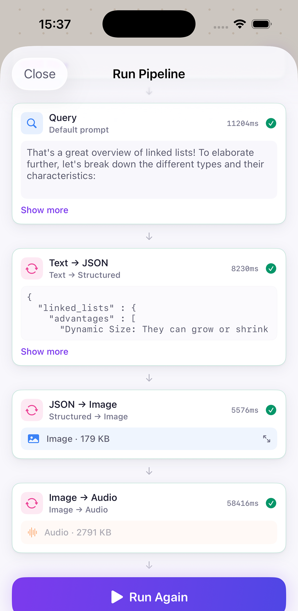 iPhone — Run Pipeline sheet showing four sequential steps with green checkmarks: Query (11,204ms), Text→JSON (8,230ms), JSON→Image (5,576ms), Image→Audio (58,416ms). A Run Again button is pinned at the bottom.