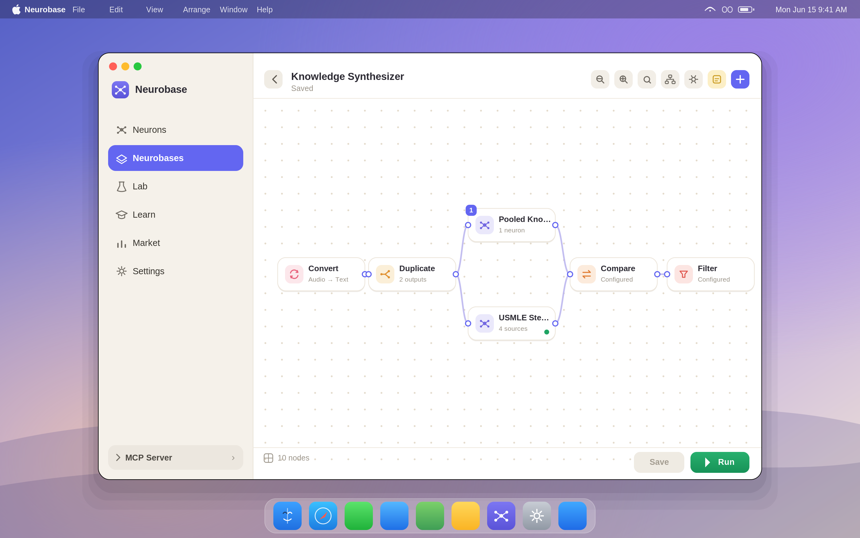 Mac üzerinde Neurobase — bir kenar çubuğuyla (Neurons, Nörobazlar, Lab, Learn, Pazar, Ayarlar) ve Dönüştürme → Çoğalt → Havuza Alınmış Bilgi / USMLE Adım → Karşılaştır → Kavisli lavanta bağlantılarıyla bağlanan düğümleri ve ayrıca Kaydet ve Çalıştır kontrollerini filtreleyin.