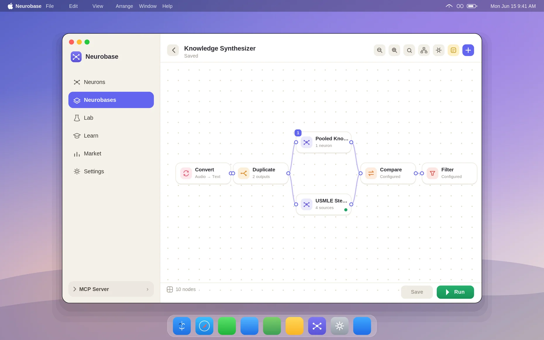 Neurobase on Mac — the Knowledge Synthesizer pipeline open on a desktop canvas, with a sidebar (Neurons, Neurobases, Lab, Learn, Market, Settings) and Convert → Duplicate → Pooled Knowledge / USMLE Step → Compare → Filter nodes wired by curved lavender connections, plus Save and Run controls.