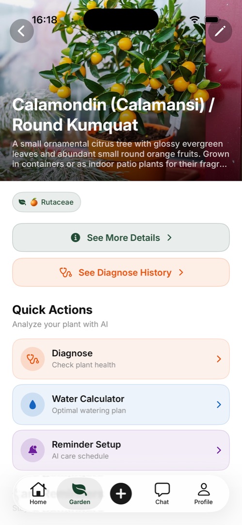 Plant quick actions for diagnosis, watering, and care reminders