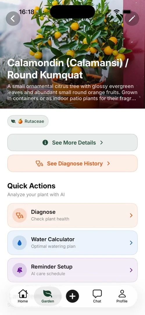 Plant quick actions for diagnosis, watering, and care reminders