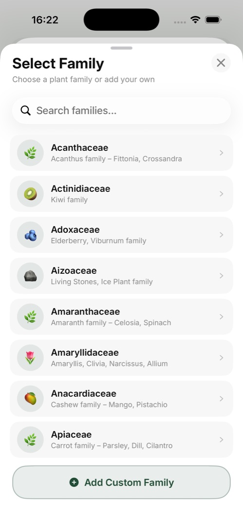 Saved plants organized by plant family