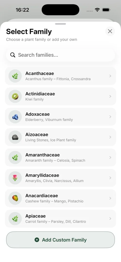 Saved plants organized by plant family